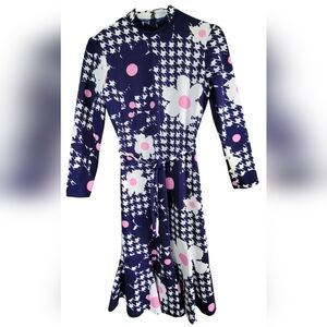 Vintage 60s Mod Floral Houndstooth Dress Handmade Belted Long Sleeve SM Med